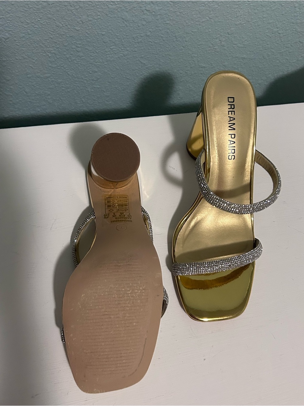 Dream Pairs Gold Heeled Mules with Silver Crystal Straps
